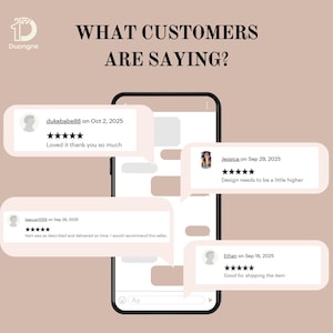 May include: A smartphone displays customer reviews with star ratings and comments. The text "WHAT CUSTOMERS ARE SAYING?" is at the top. Reviews include comments like "Loved it thank you so much" and "Good for shipping the item."