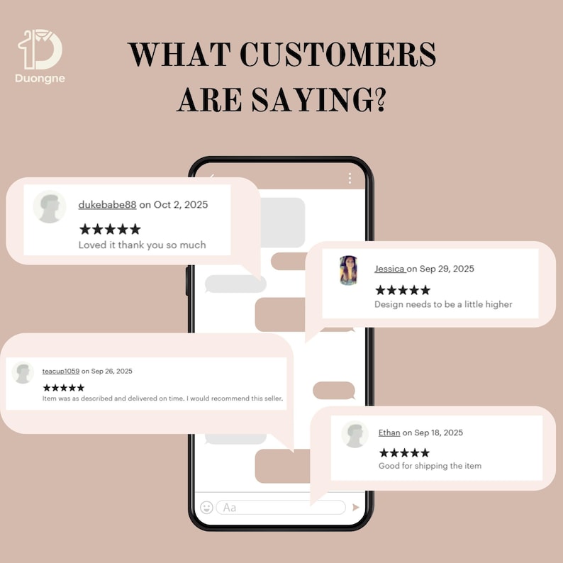 May include: A smartphone displays customer reviews with star ratings and comments. The text "WHAT CUSTOMERS ARE SAYING?" is at the top. Reviews include comments like "Loved it thank you so much" and "Good for shipping the item."