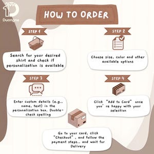 May include: An illustrated guide titled "HOW TO ORDER" with steps for purchasing a shirt. The steps include searching for a shirt, choosing options, entering details, and adding to the cart. The image has a neutral color palette.