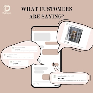 May include: A smartphone displays customer reviews in speech bubbles. The text "WHAT CUSTOMERS ARE SAYING?" is at the top. Reviews include star ratings and comments. One review shows a gray t-shirt with a graphic.