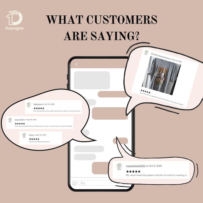 May include: A smartphone displays customer reviews in speech bubbles. The text "WHAT CUSTOMERS ARE SAYING?" is at the top. Reviews include star ratings and comments. One review shows a gray t-shirt with a graphic.