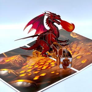May include: A red dragon breathes fire in this pop-up card. The dragon is perched on a treasure-filled scene with gold coins and chests. The card is a 3D design, with the dragon and treasure chest popping up from the base.