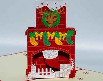 Carte pop-up 3D Cheminée de Noël et Père Noël, Carte pop-up 3D de Noël, Décoration en papier