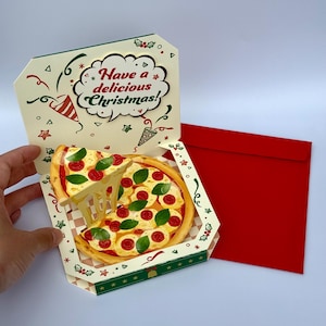 Tarjeta emergente 3D de pizza navideña de Papá Noel, tarjeta emergente 3D de Navidad, decoración de papel