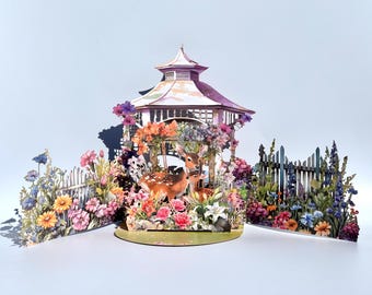Enchanted Garden Deer 3D Pop Up Card, Floral Gazebo Greeting Card, Mother’s Day, Birthday, Anniversary Gift for Nature Lovers