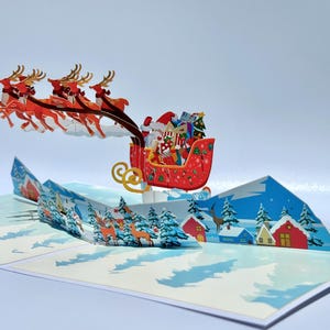 Reindeers and Santa Claus 3D Pop Up Card, Xmas 3D Pop Up Card, Paper Decoration