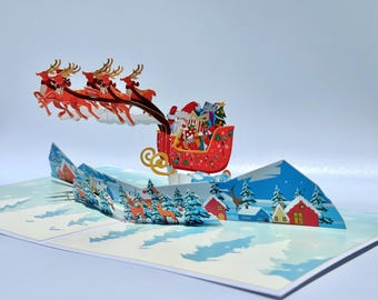 Carte pop-up 3D rennes et père Noël, Carte pop-up 3D de Noël, Décoration en papier