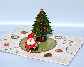 Carte pop-up 3D sapin de Noël et père Noël, Carte pop-up 3D de Noël, Décoration en papier
