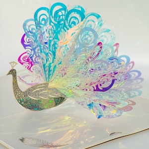 Crystal Rainbow Peacock 3D Pop Up Card, Greeting Card, Birthday Card, Anniversary, House Warming, Thank You Card, Paper Decoration