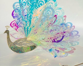 Crystal Rainbow Peacock 3D Pop Up Card: Greeting Card, Birthday Card, Anniversary Card, Paper Decoration