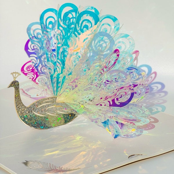 Crystal Rainbow Peacock 3D Pop Up Card: Greeting Card, Birthday Card, Anniversary Card, Paper Decoration