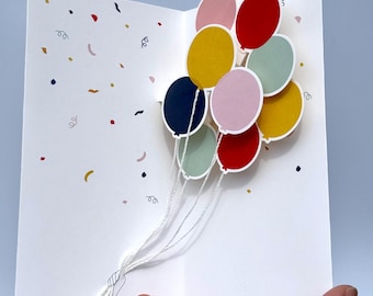 Tarjeta 3D desplegable con globos de colores: saludo de celebración, tarjeta de cumpleaños