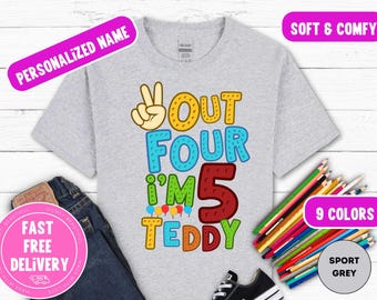 Personalized 5th Birthday Tee: Peace Out Four Design, Custom Name