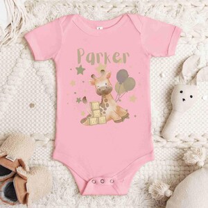 Personalized Giraffe Baby Onesie, Airlume Cotton, Baby Shower Gift Pink