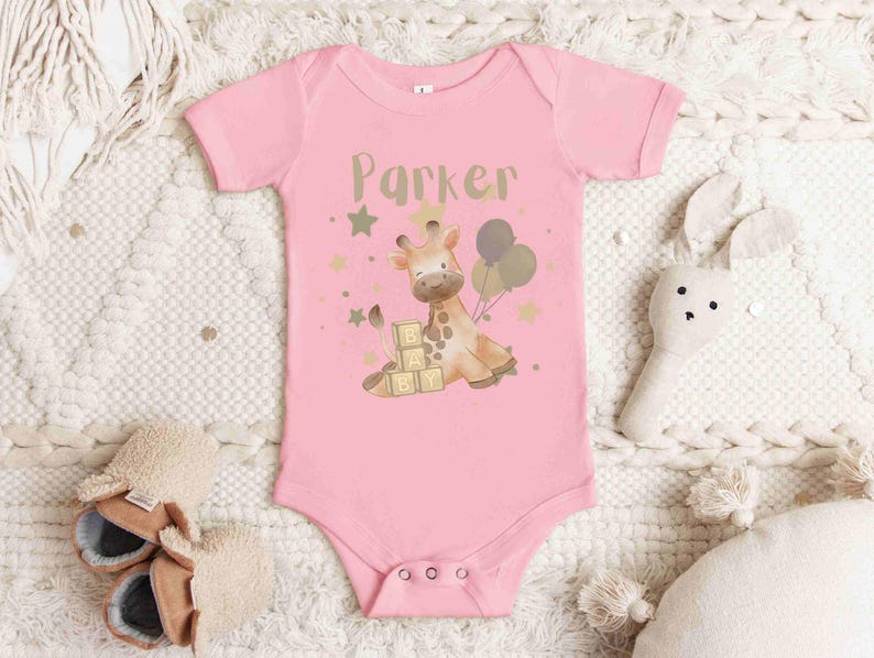 Personalized Giraffe Baby Onesie, Airlume Cotton, Baby Shower Gift Pink