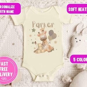 Personalized Giraffe Baby Onesie, Airlume Cotton, Baby Shower Gift Natural