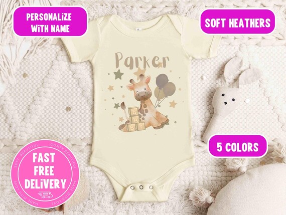 Personalized Giraffe Baby Onesie, Airlume Cotton, Baby Shower Gift