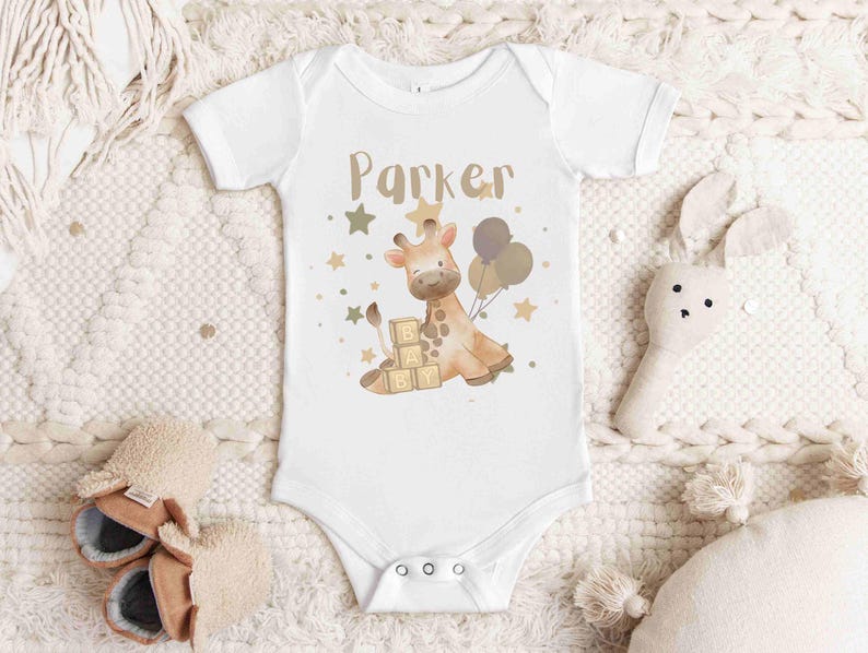 Personalized Giraffe Baby Onesie, Airlume Cotton, Baby Shower Gift White