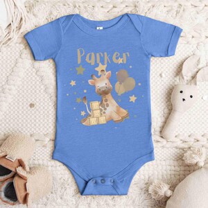 Personalized Giraffe Baby Onesie, Airlume Cotton, Baby Shower Gift Heather Columbia Blue