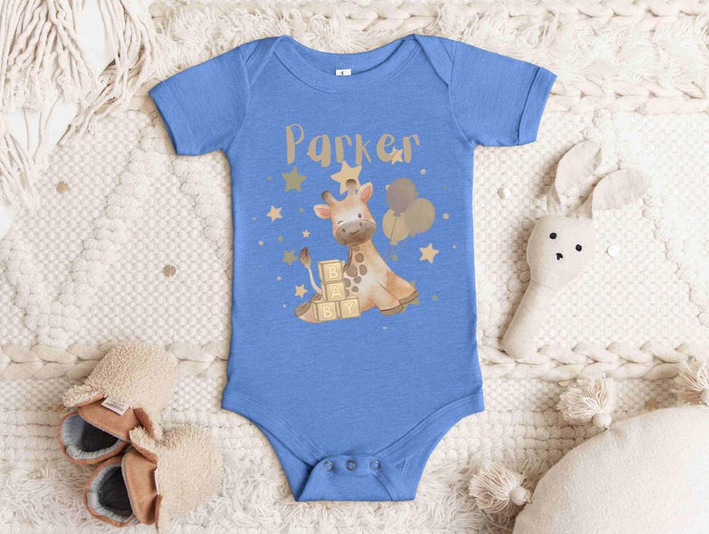 Personalized Giraffe Baby Onesie, Airlume Cotton, Baby Shower Gift Heather Columbia Blue