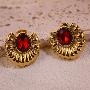 Vintage Gold Red Rhinestone Earrings – Glamorous Designer Style