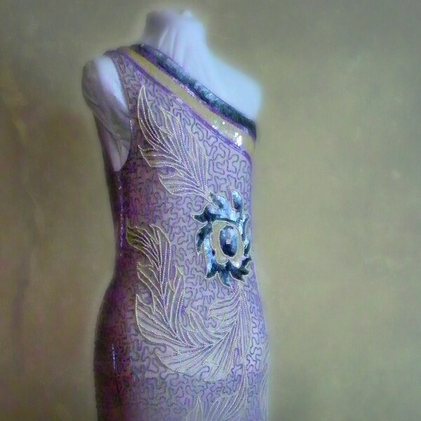 Vintage One Shoulder Dress Sequins & Pearls Lavendar, Brushed Sliver, and Cream Glass Beads