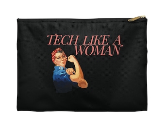 May include: Black zippered pouch with the text "Tech Like A Woman" in pink lettering. A woman in a blue shirt and red bandana is depicted with her arm raised in a "We Can Do It" pose.
