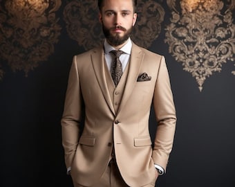Beige Luxury 3-Piece Suit for Men | Designer Formal Fashion | Wedding Groom & Party Wear Suit