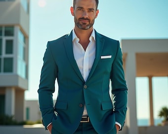 Teal Blue Men’s Suit 2 Piece | Slim Fit Blazer & Trouser Set | Formal Wedding Prom Outfit | Classic Business Men’s Wear
