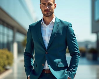 Teal Blue Men’s Suit 2 Piece | Slim Fit Blazer & Trouser Set | Formal Wedding Prom Outfit | Classic Business Men’s Wear