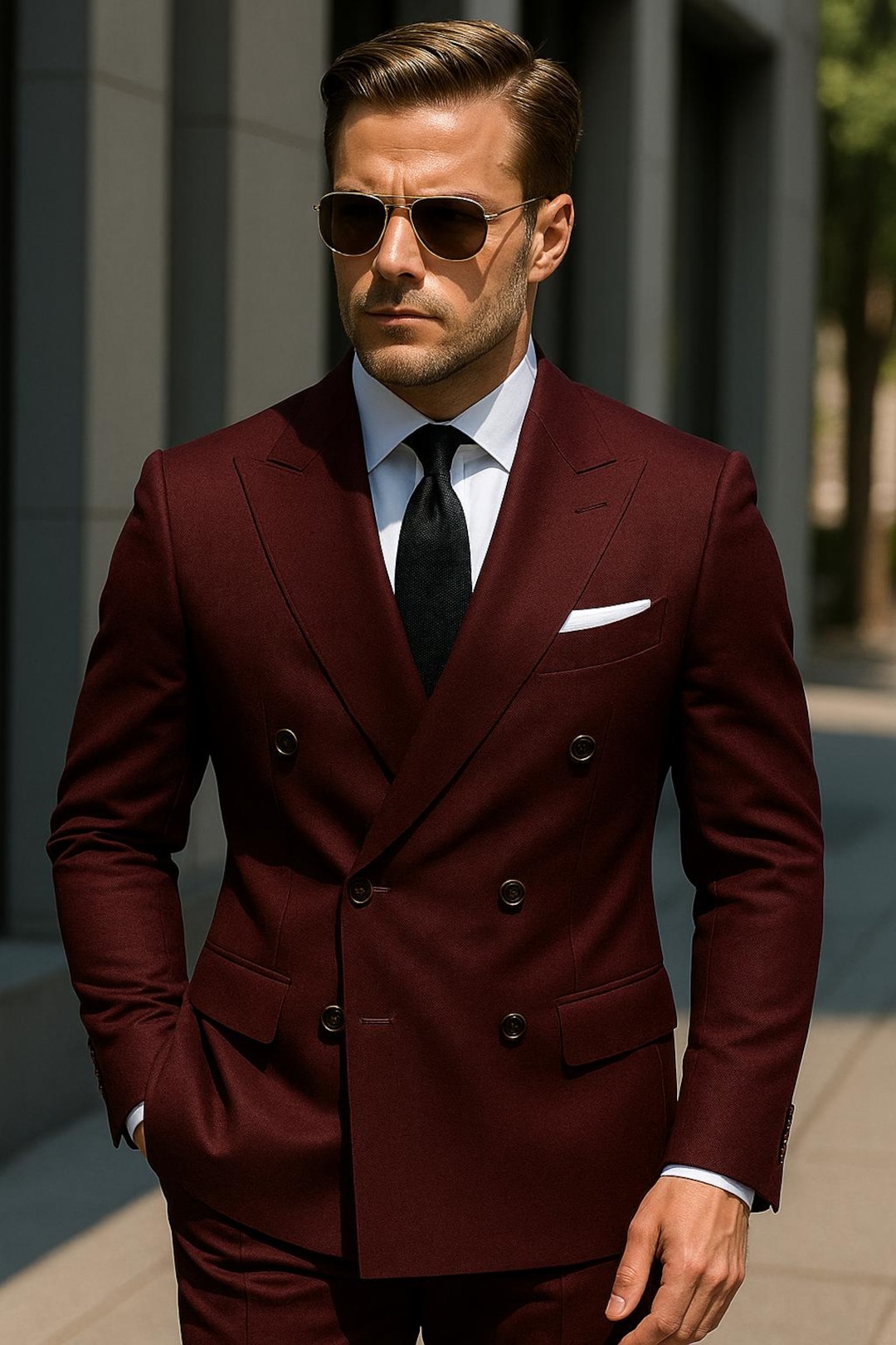 Men's Modern Fit Designer Wool Suit in Burgundy with a Double Breasted Vest