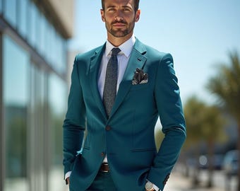 Teal Blue Men’s Suit 2 Piece | Slim Fit Blazer & Trouser Set | Formal Wedding Prom Outfit | Classic Business Men’s Wear