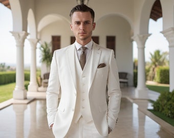 White Three Piece Suit: Slim Fit Terry Rayon Wedding Suit