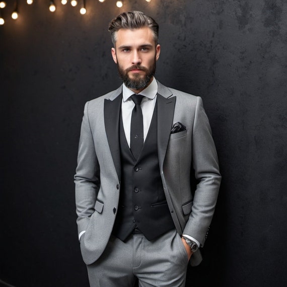 Grey suit black vest white shirt deals