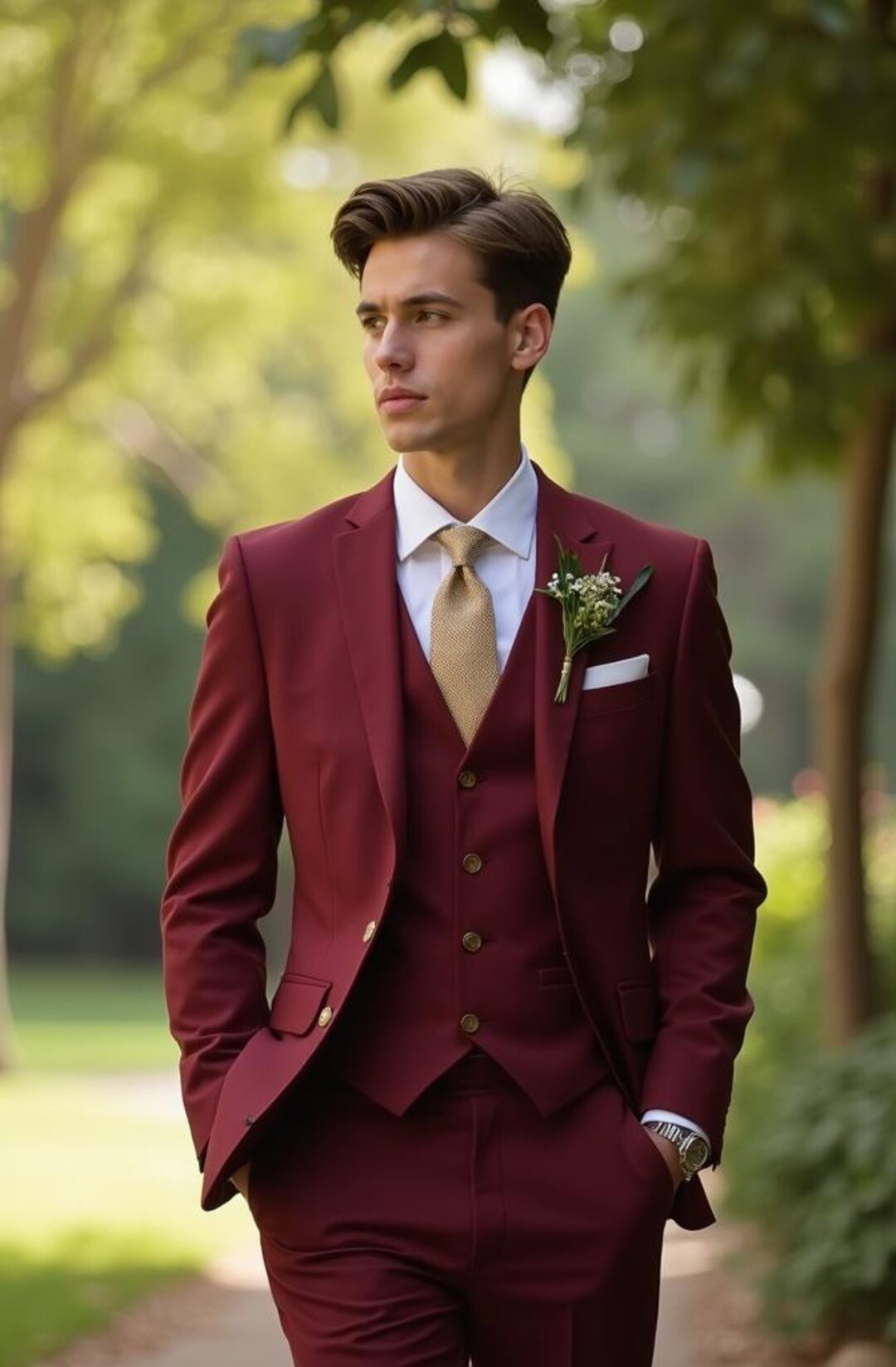 Traje Reliable Traje Hombre Vinotinto Traje De Tres Piezas