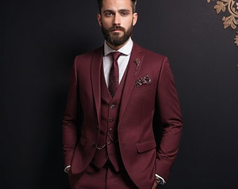 Burgundy Slim Fit Suit: Terry Rayon 3-Piece Wedding Suit