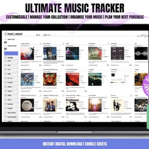 Puede incluir: Una pantalla de computadora portátil que muestra una hoja de cálculo con el título "Ultimate Music Tracker" y una lista de álbumes de música. La hoja de cálculo está organizada por título del álbum, artista y género. La hoja de cálculo es una hoja de Google y está disponible para descarga digital instantánea.