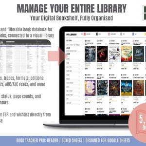 May include: A laptop screen displays a digital bookshelf interface with book covers. The text reads "Manage Your Entire Library" and "5,000 books." Features include a searchable database, tracking genres, and managing wishlists. The interface is designed for Google Sheets.