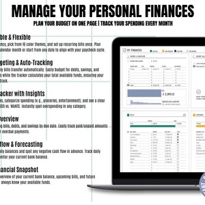 May include: A laptop computer screen displaying a budgeting and finance tracking software program. The software has a green, blue, and yellow color scheme and includes sections for income and cash flow, budget allocation, bills, and expenses. The text on the screen reads "MY FINANCES". The laptop is on a white surface with a digital download icon in the lower right corner.