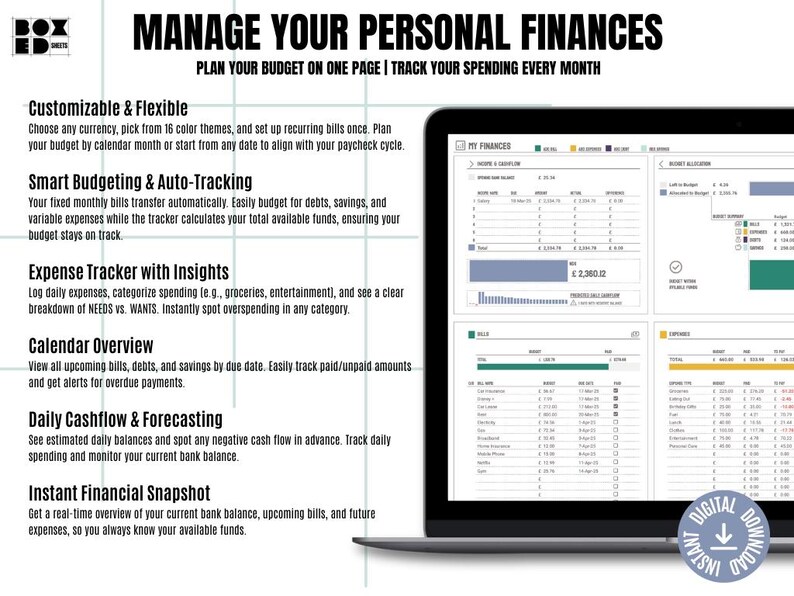 May include: A laptop computer screen displaying a budgeting and finance tracking software program. The software has a green, blue, and yellow color scheme and includes sections for income and cash flow, budget allocation, bills, and expenses. The text on the screen reads "MY FINANCES". The laptop is on a white surface with a digital download icon in the lower right corner.