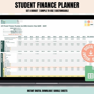 Puede incluir: Una descarga digital de una hoja de cálculo de planificación financiera para estudiantes en formato Google Sheets. La hoja de cálculo está diseñada para ayudar a los estudiantes a presupuestar su dinero para el año académico. La hoja de cálculo incluye secciones para ingresos, gastos y un saldo para el año. La hoja de cálculo es personalizable y fácil de usar.