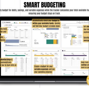 May include: A laptop screen displaying a budgeting spreadsheet with charts and graphs. The spreadsheet is titled "SMART BUDGETING" and includes sections for income, expenses, bills, and savings. The spreadsheet is designed to help users track their finances and create a budget.