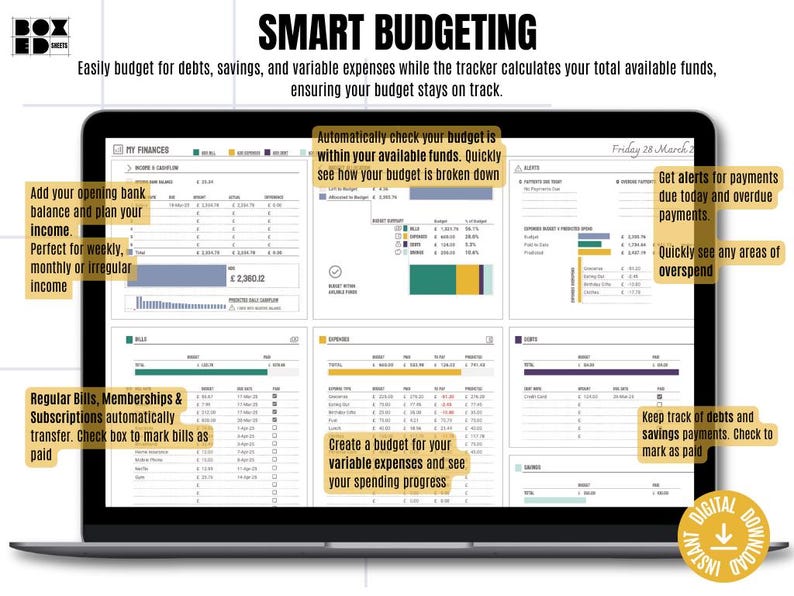 May include: A laptop screen displaying a budgeting spreadsheet with charts and graphs. The spreadsheet is titled "SMART BUDGETING" and includes sections for income, expenses, bills, and savings. The spreadsheet is designed to help users track their finances and create a budget.
