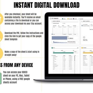 May include: A digital download for a Google Sheets template for personal finance tracking. The image shows a laptop screen displaying a sample spreadsheet with sections for income, expenses, and budget allocation. The text on the screen reads "MY FINANCES".