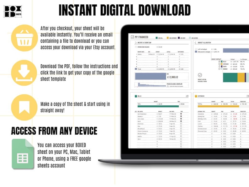May include: A digital download for a Google Sheets template for personal finance tracking. The image shows a laptop screen displaying a sample spreadsheet with sections for income, expenses, and budget allocation. The text on the screen reads "MY FINANCES".