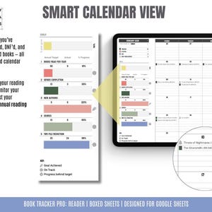 May include: A digital calendar view with the text "Smart Calendar View." The image shows a tablet displaying a calendar and a progress chart. The chart tracks reading goals, including books read, series completion, and new authors.