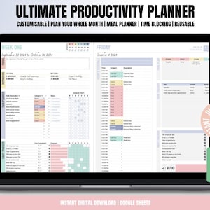 May include: A digital productivity planner on a laptop screen. The planner is customizable and includes sections for weekly tasks, meal planning, time blocking, and habit tracking. The planner is available as an instant digital download in Google Sheets format.