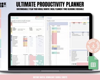 Peut inclure: Un planificateur de productivité numérique affiché sur l'écran d'un ordinateur portable. Le planificateur est personnalisable et comprend des sections pour les tâches hebdomadaires, la planification des repas, le blocage du temps et le suivi des habitudes. Le planificateur est disponible en téléchargement numérique instantané au format Google Sheets.