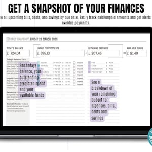 May include: A laptop screen displaying a digital budget planner with the text "Get a Snapshot of Your Finances". The planner shows a breakdown of today's balance, unpaid commitments, remaining expenses, and available funds. The date is Friday, March 28, 2025.