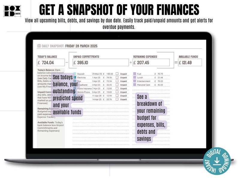 May include: A laptop screen displaying a digital budget planner with the text "Get a Snapshot of Your Finances". The planner shows a breakdown of today's balance, unpaid commitments, remaining expenses, and available funds. The date is Friday, March 28, 2025.